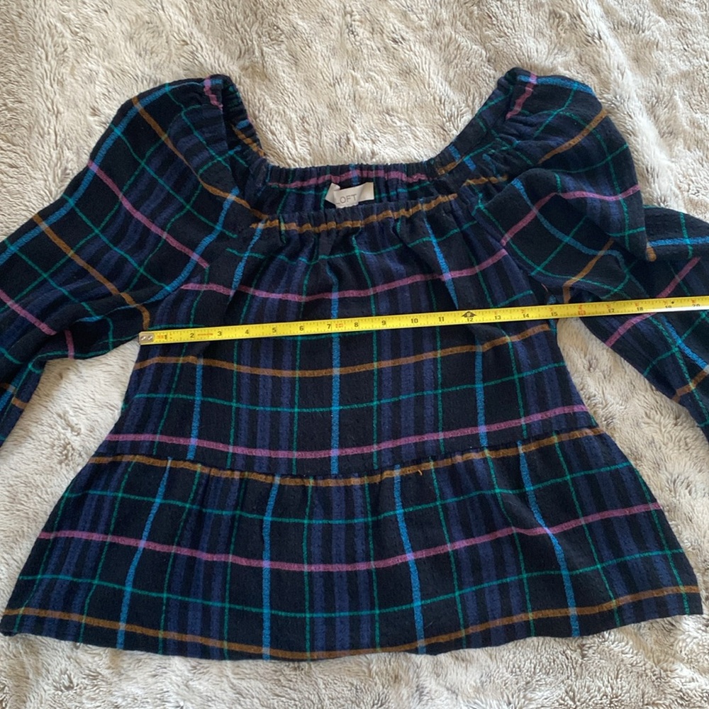LOFT Navy Plaid Off-Shoulder Top with Teal and Purple Stripes